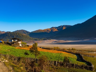 Groene akkers en boerderijen in een vallei met bergen onder een heldere blauwe lucht, route Sikkim en Bhutan.