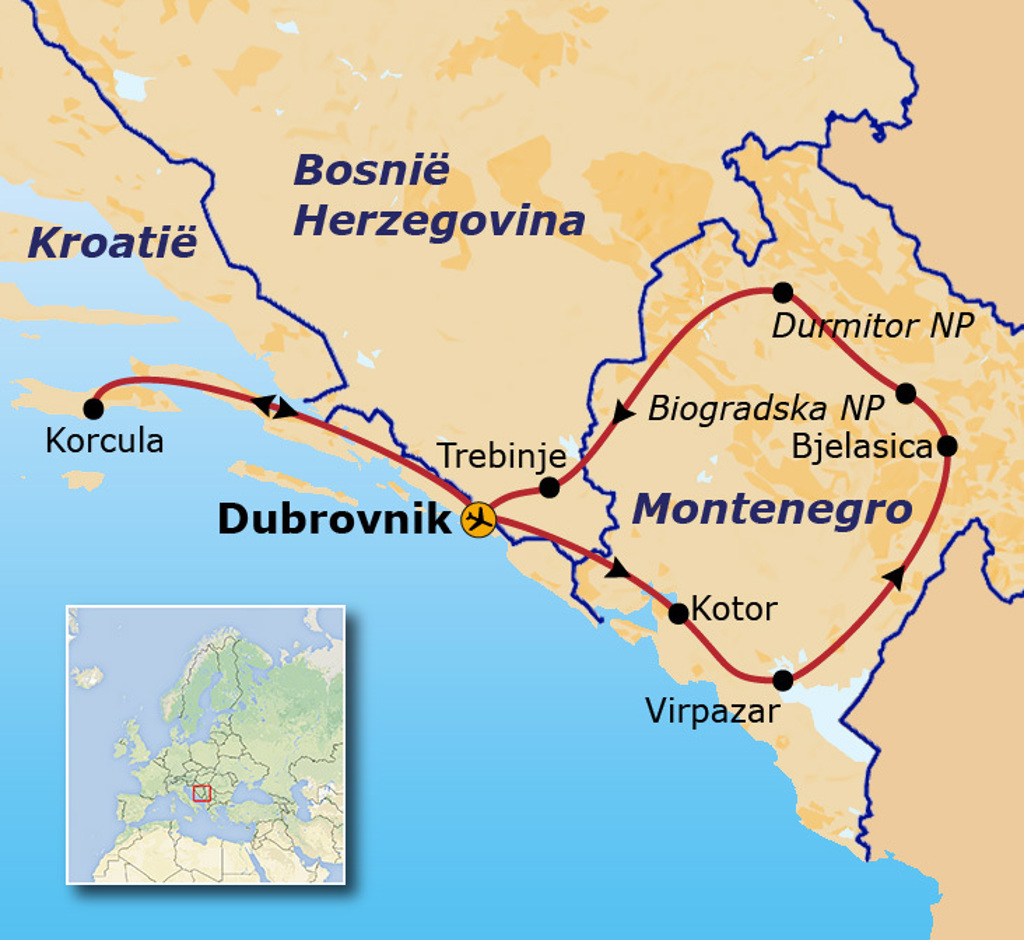 Routekaart Balkan met reisroute via Dubrovnik, Kotor, Virpazar, Durmitor NP en Biogradska NP.