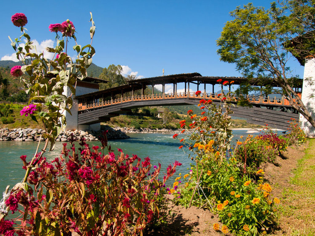 Traditionele houten brug over een rivier in Bhutan, met kleurrijke bloemen langs de oever.