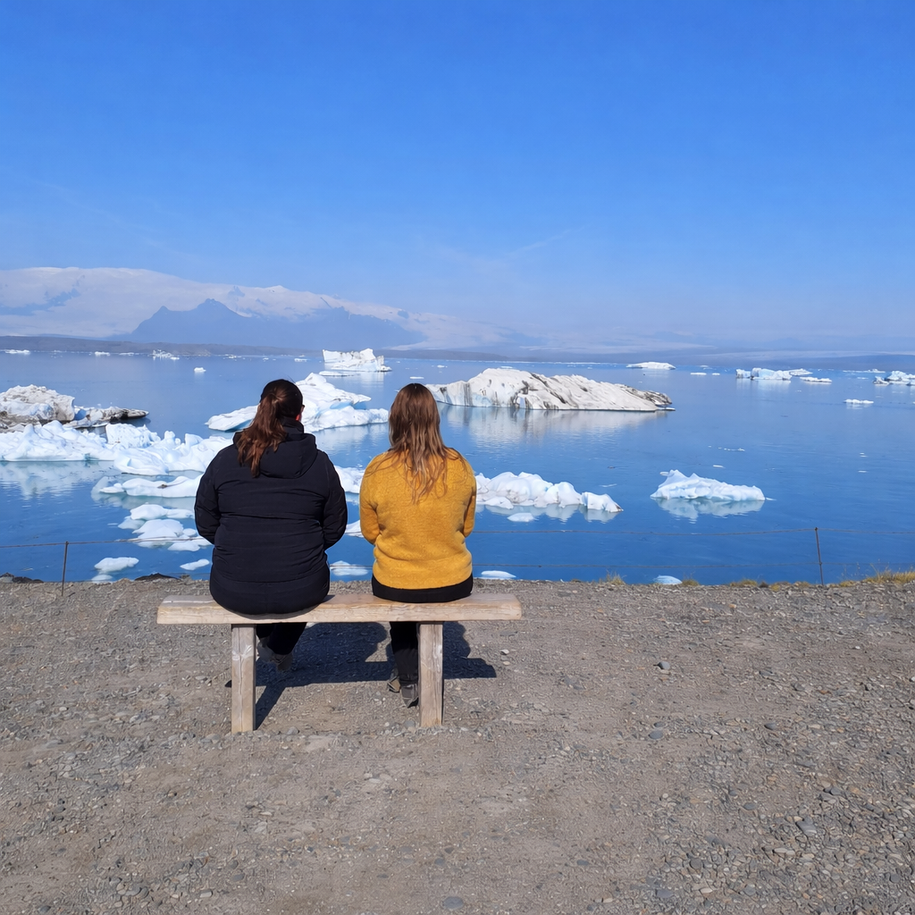 Reizigers kijken uit over ijsbergen in een gletsjermeer tijdens groepsrondreis IJsland.