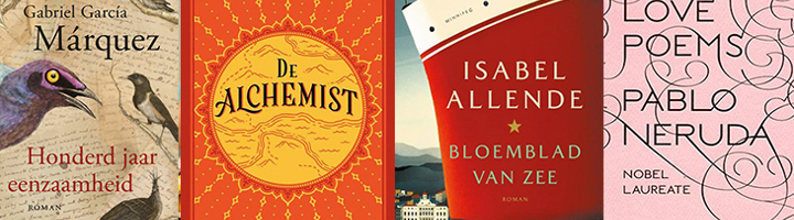 Boekentips over reizen in Latijns-Amerika met boekcovers van Márquez, Coelho, Allende en Neruda.