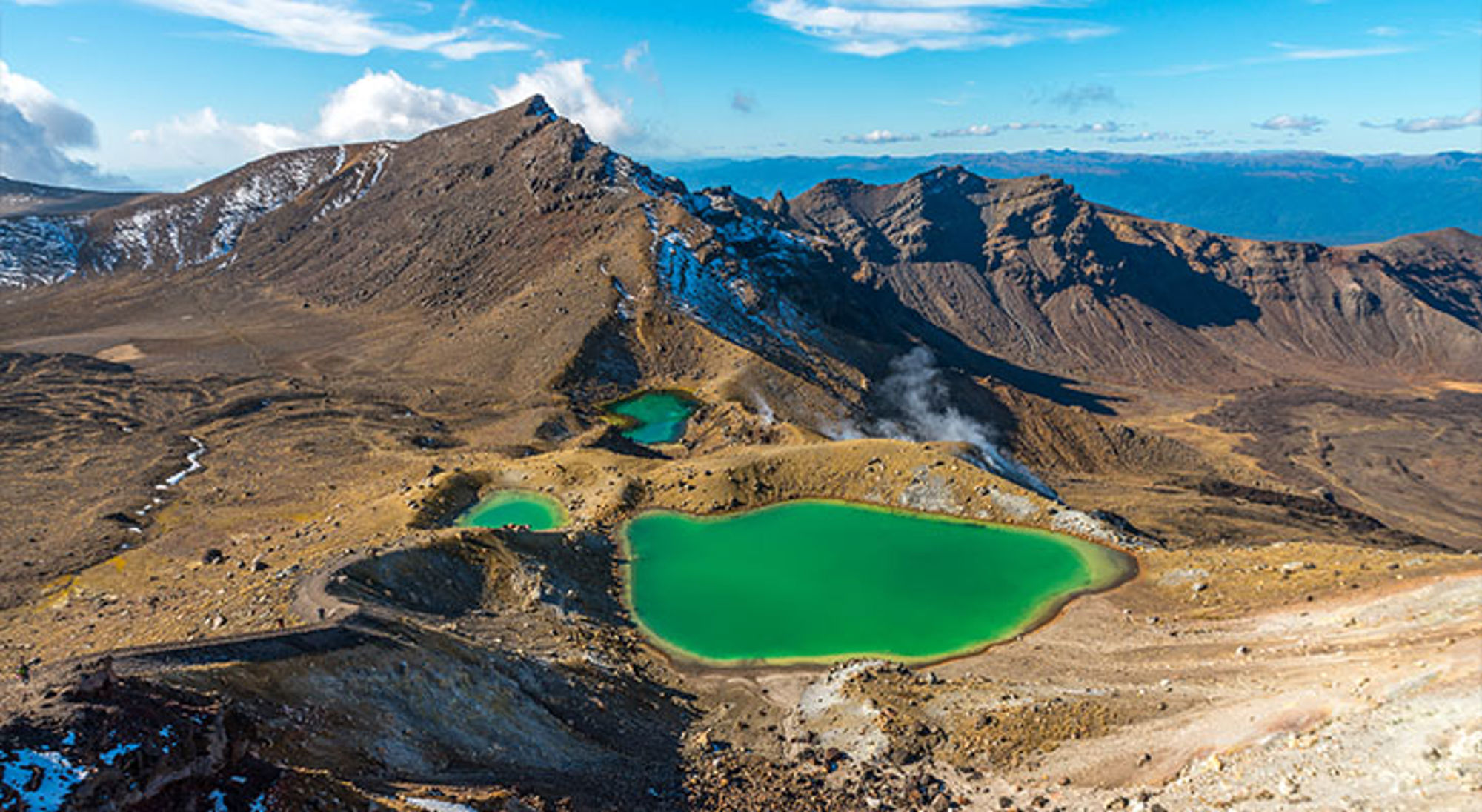 Tongariro Nieuw-Zeeland Groene kratermeren in een vulkanisch berglandschap onder een blauwe lucht.