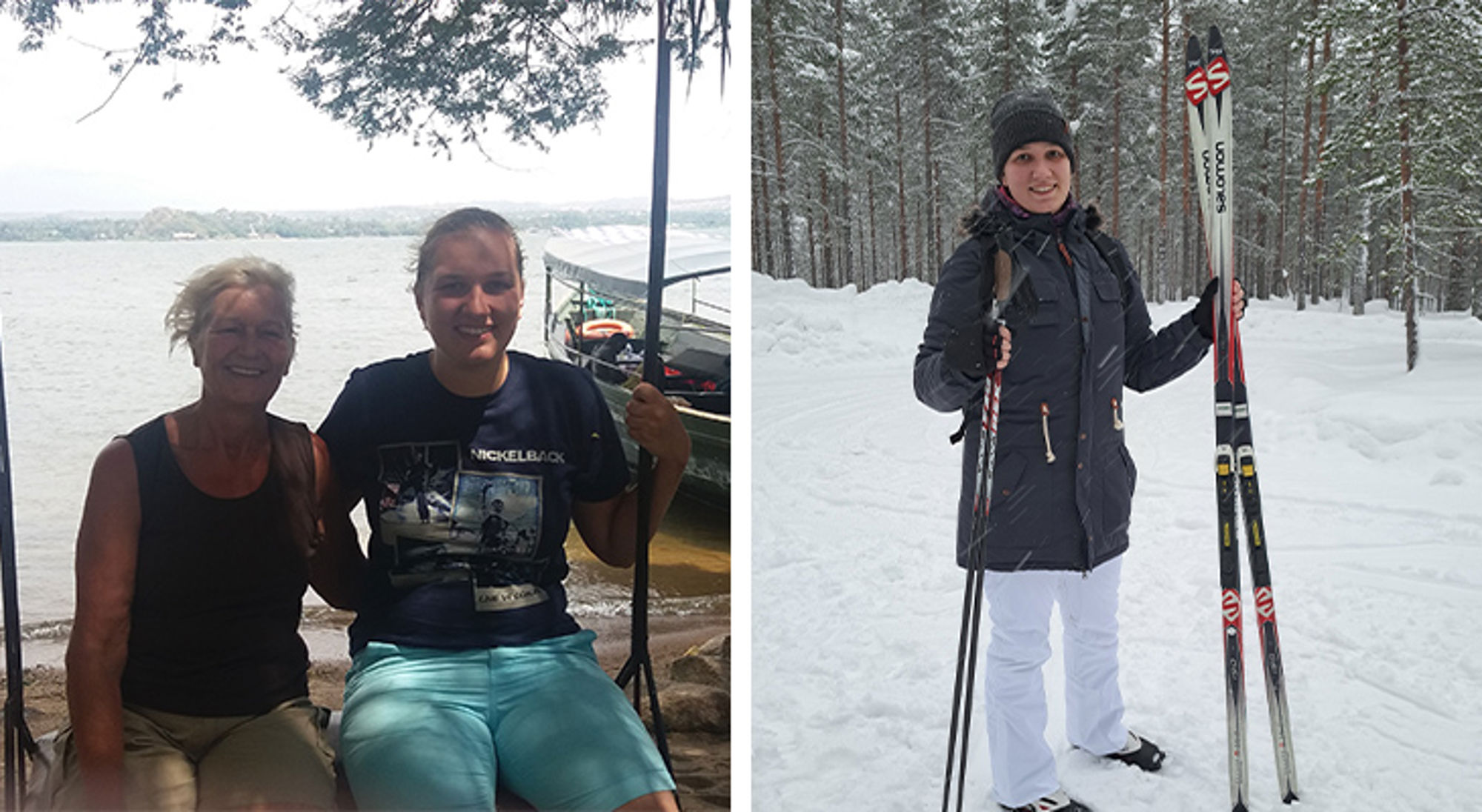 Lisa op reis met Sawadee Zomerse foto aan het water naast winterse foto met langlaufers in een besneeuwd bos.