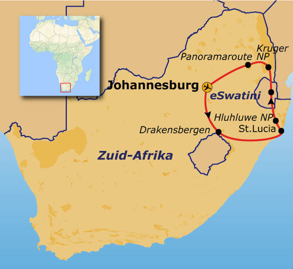 Routekaart Zuid-Afrika en eSwatini met reisroute via Johannesburg, Drakensbergen, St. Lucia, Hluhluwe en Kruger NP.