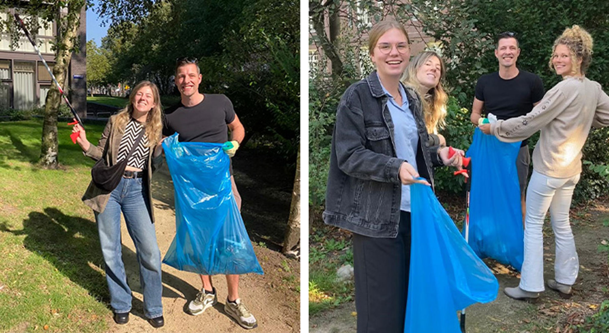 World Cleanup Day Vrijwilligers ruimen zwerfafval op in het park met grijpers en blauwe vuilniszakken.
