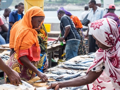 Vismarkt aan het Malawimeer met vrouwen die verse vis selecteren op een houten kraam.
