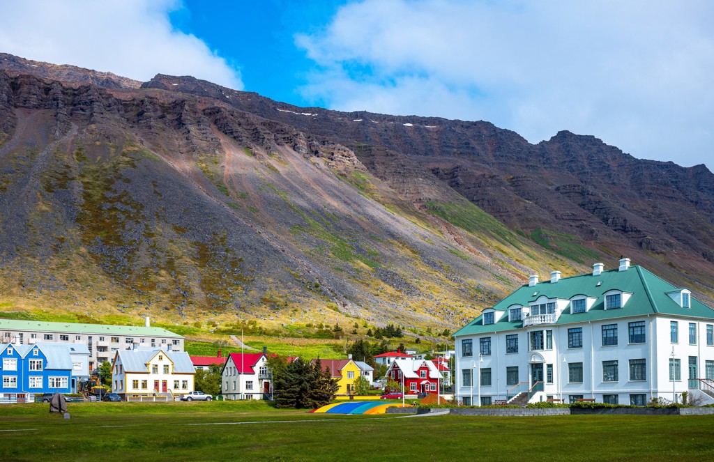 Kleurrijke huizen in een IJslands dorp aan de voet van een berg, tijdens groepsrondreis IJsland kamperen.