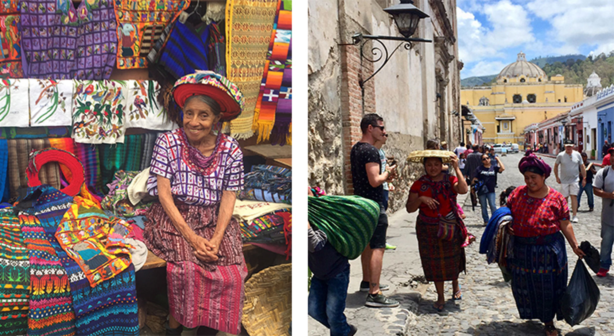 Vrouw op markt met kleurrijke textiel en straatbeeld met locals in Antigua Guatemala.
