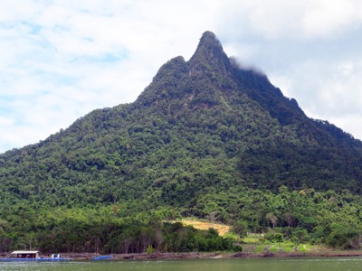 Groene, steile berg met jungle langs de rivier in West-Maleisië en Borneo tijdens de 19-daagse route.