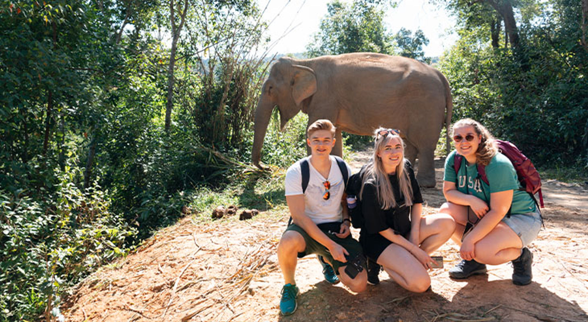 Drie reizigers poseren op een bospad met een olifant op de achtergrond.