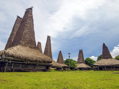 Traditionele Sumbanese huizen met hoge rieten daken in een dorp op Sumba, Indonesië.