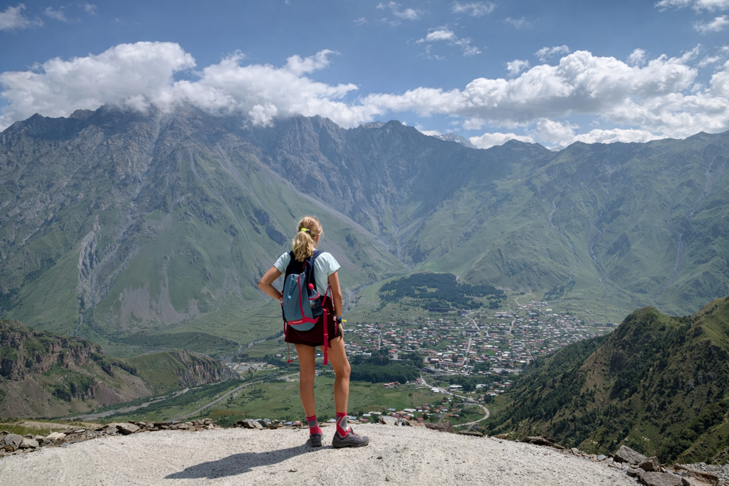 Wandelaar kijkt uit over de bergen van de Kaukasus en het dorp Stepantsminda in Georgië.