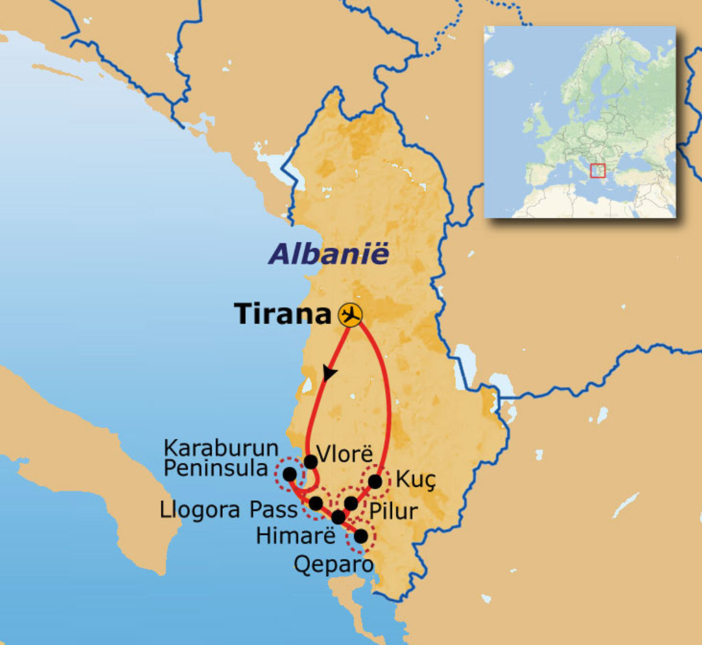 Routekaart Albanië met reisroute van Tirana via Vlorë naar de Albanese Rivièra, o.a. Himarë en Qeparo.