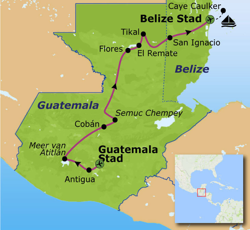 Routekaart Guatemala en Belize met reisroute via Guatemala Stad, Antigua, Meer van Atitlán, Tikal en Caye Caulker.