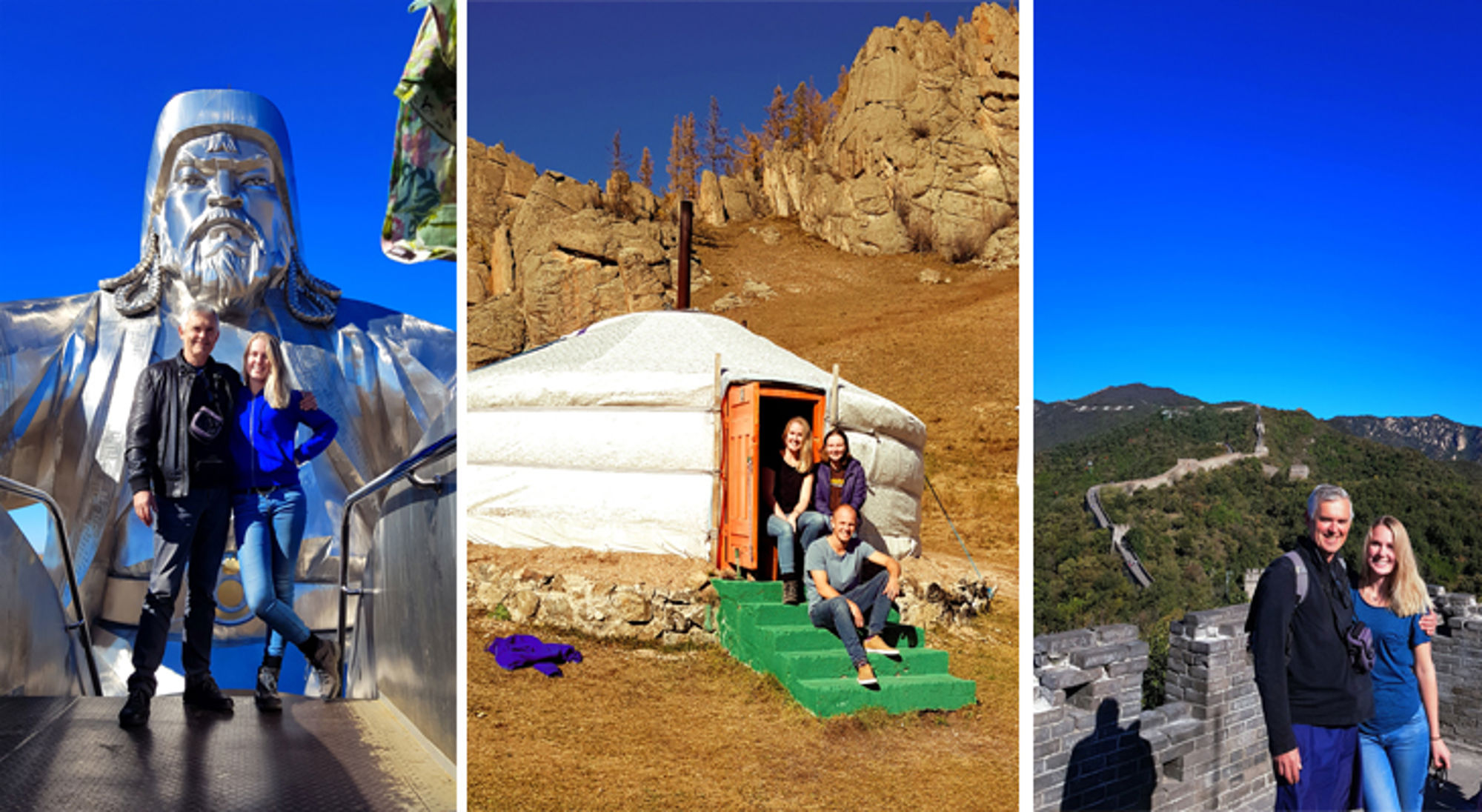Loudi Pot en vader in Mongolie Reizigers bij een yurt en op de Chinese Muur, met een groot standbeeld op de achtergrond.