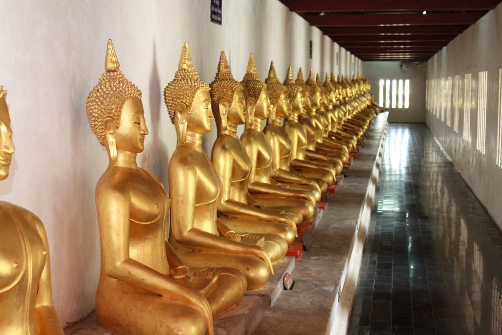 Rij gouden Boeddhabeelden in een tempelgang in Thailand tijdens groepsrondreis Noord en Zuid.