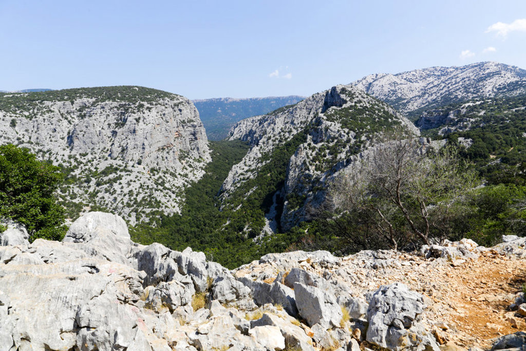Uitzicht op rotsachtige bergen en groene kloof tijdens een wandelvakantie op Sardinië, Italië.