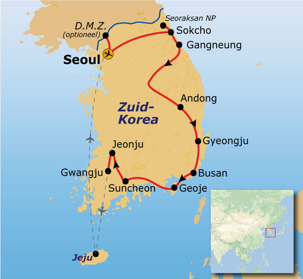 Routekaart Zuid-Korea met reisroute langs Seoul, Sokcho, Andong, Gyeongju, Busan, Jeju en Jeonju.