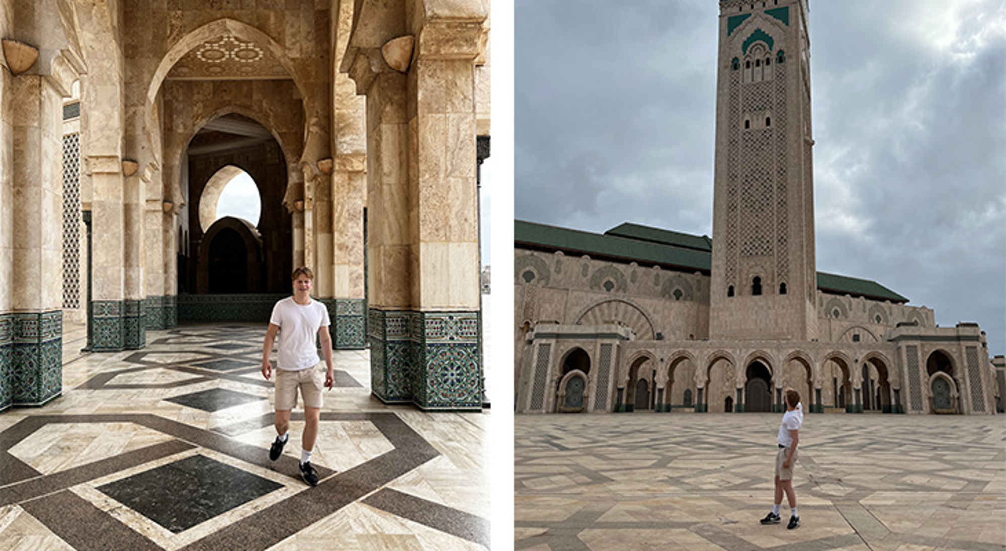Hassan-II moskee Casablanca Bezoeker in de Hassan II-moskee in Casablanca, met zicht op de bogen en de hoge minaret.