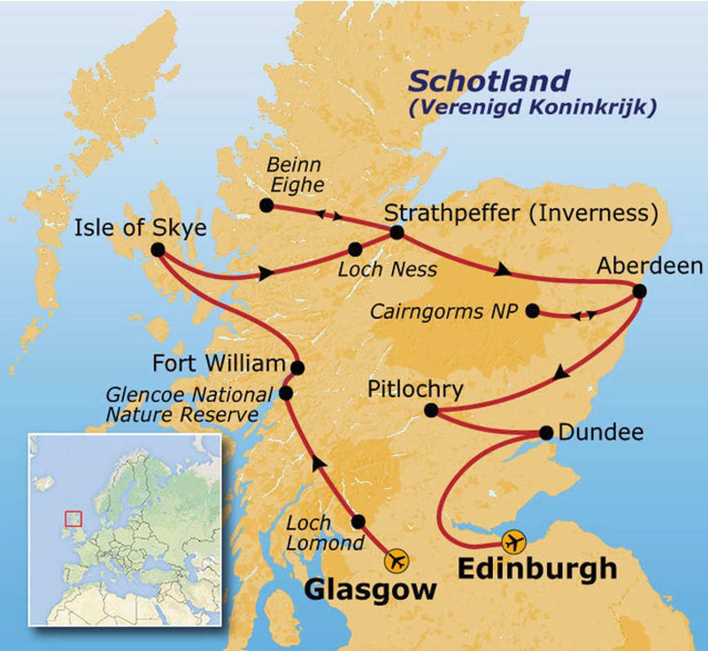 Routekaart Schotland met reisroute langs Edinburgh, Glasgow, Isle of Skye, Loch Ness, Inverness en Aberdeen.