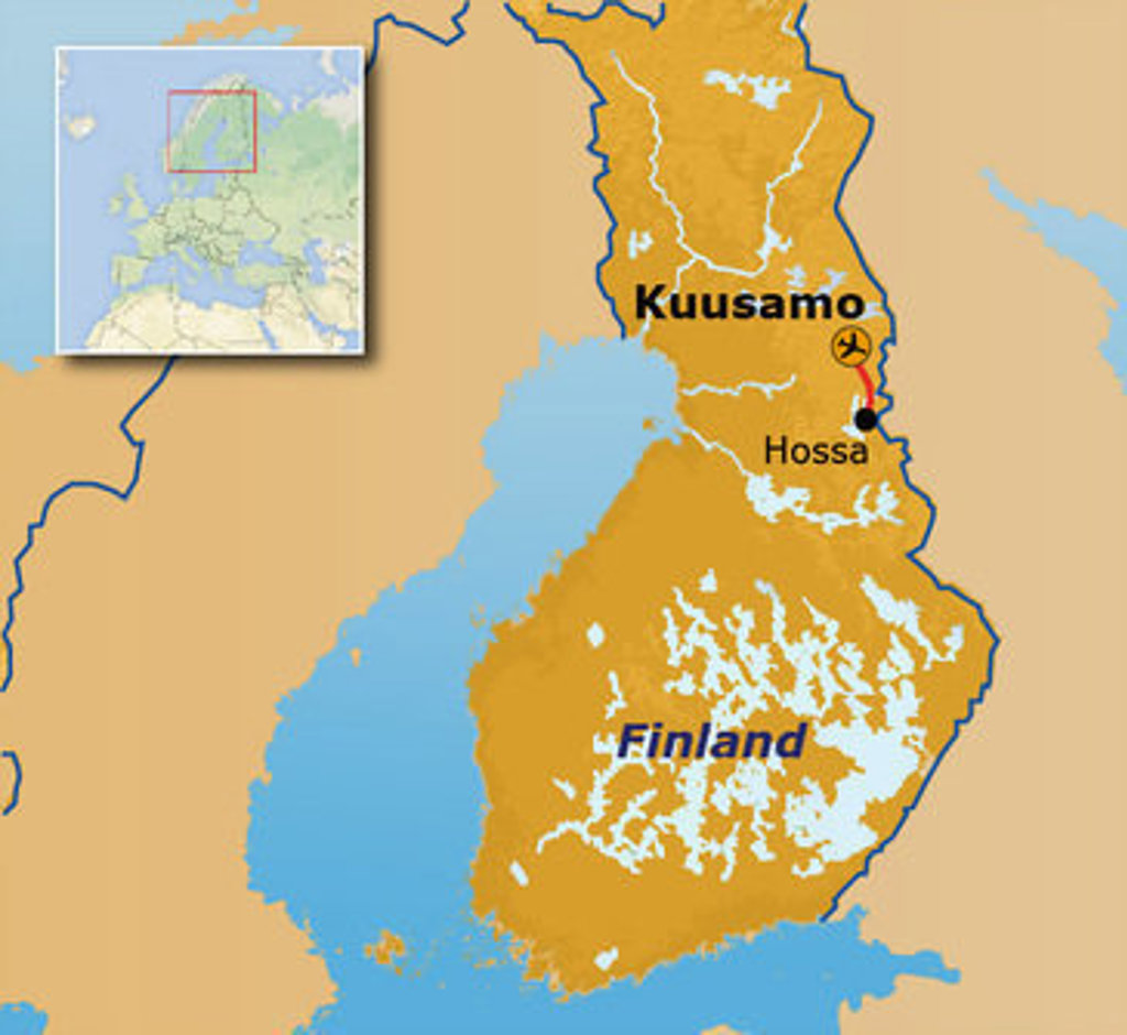 Routekaart Finland met reisroute van Kuusamo naar Hossa.