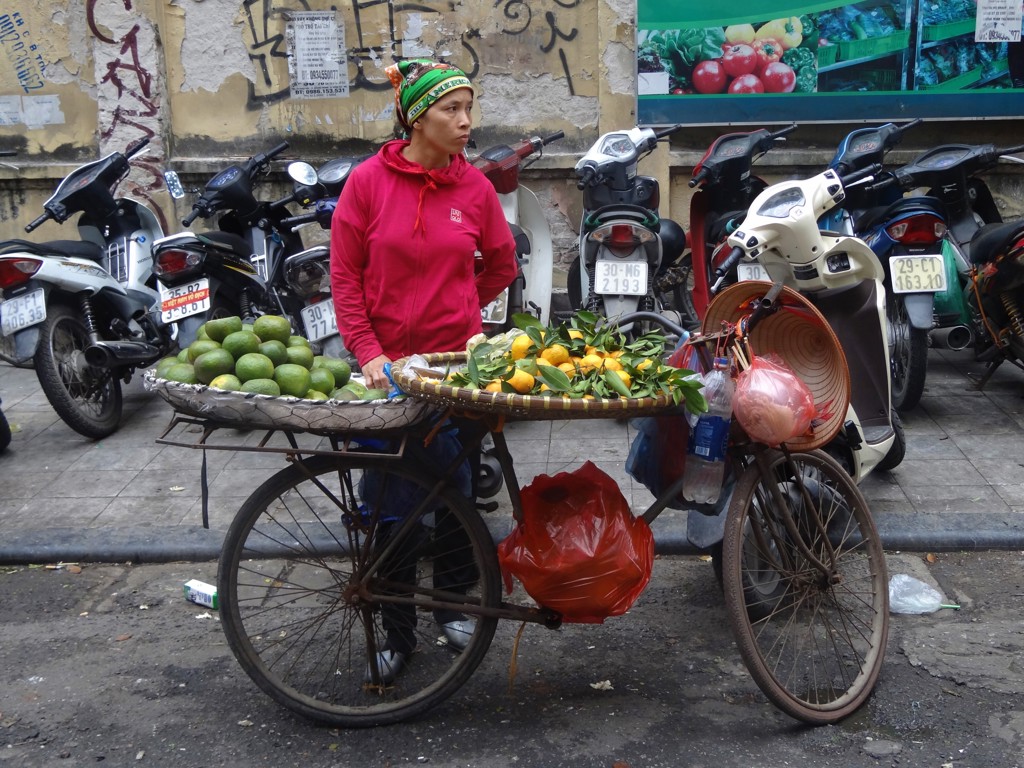 Straatverkoper met fiets vol citrusvruchten in Vietnam, tijdens fietsvakantie Vietnam, Cambodja en Thailand.