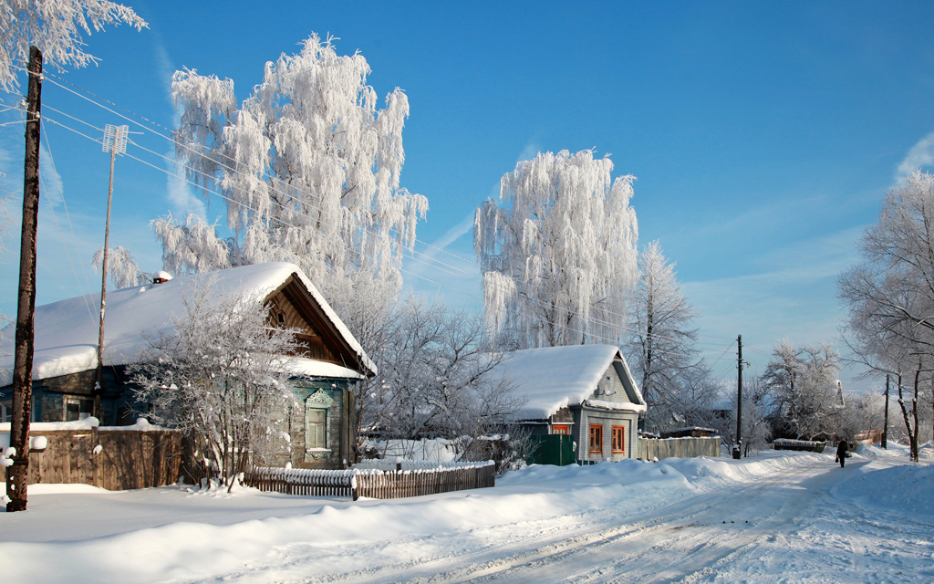 Besneeuwd Russisch dorp met houten huizen en berijpte bomen onder een heldere blauwe lucht in de winter.