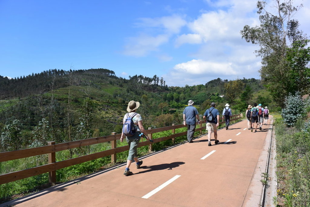 Wandelaars met rugzakken op een rustig pad door het groene landschap van de Douro Vallei in Portugal.