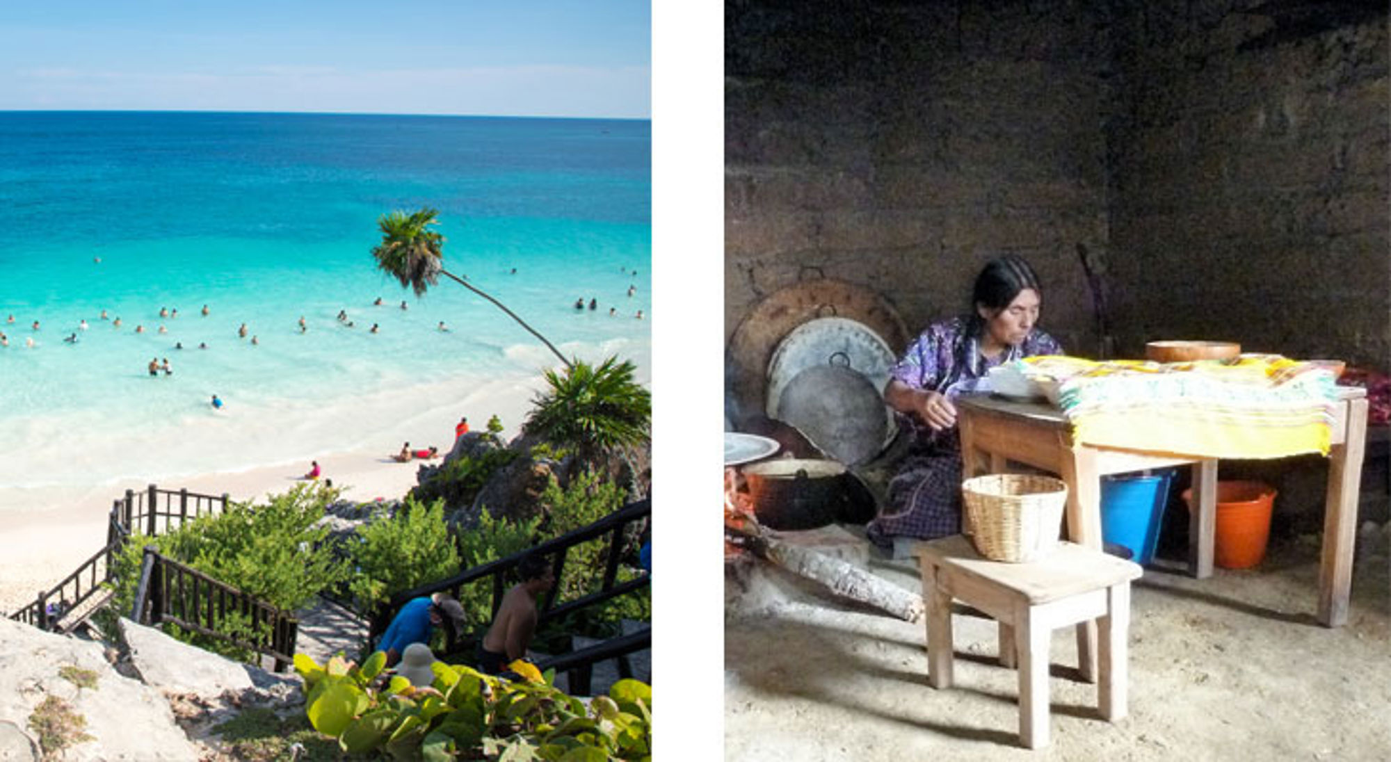 Tropisch strand met helderblauw water en palmbomen naast een vrouw die binnen aan een tafel werkt.