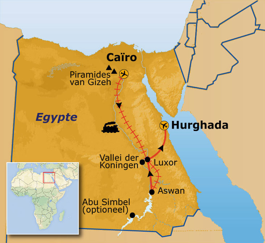 Routekaart Egypte met reisroute via Caïro, piramides van Gizeh, Luxor, Vallei der Koningen, Aswan en Hurghada.