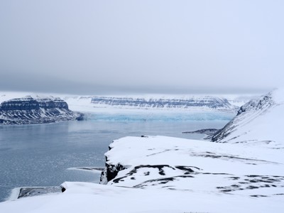 Besneeuwde fjordkust met gletsjer en bergen op Spitsbergen.