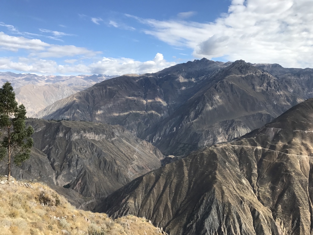 Uitzicht over de Colca Canyon in Peru met ruige bergen en blauwe lucht.