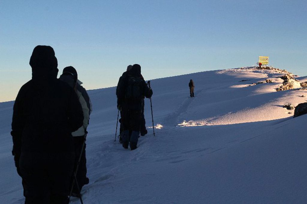 Wandelaars op besneeuwde Kilimanjaro tijdens wandelvakantie in Tanzania, op weg naar de top.