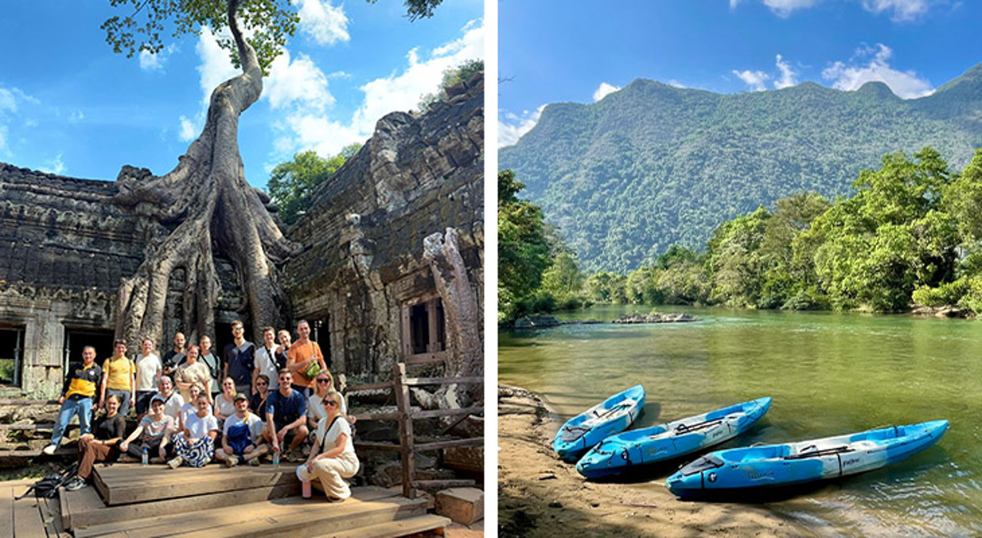 Angkor Wat & Vang Vieng Groepsfoto bij een tempelruïne met boomwortels en kajaks aan een rivier met bergen op de achtergrond.