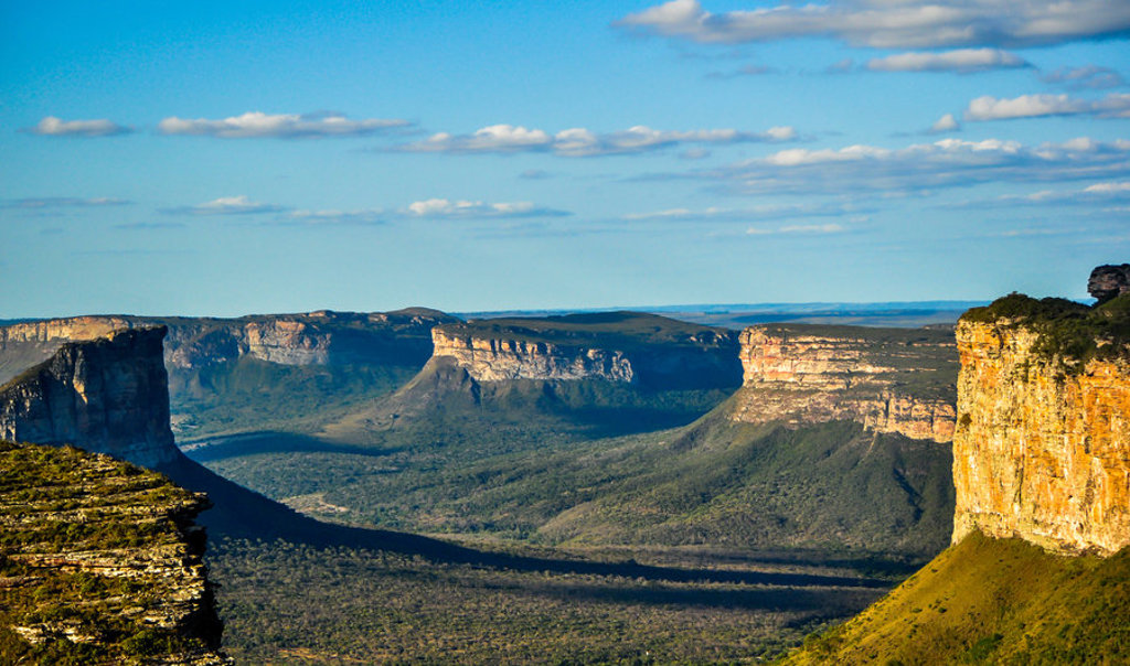 Panoramisch uitzicht op Chapada Diamantina met tafelbergen en groene vallei in Brazilië.