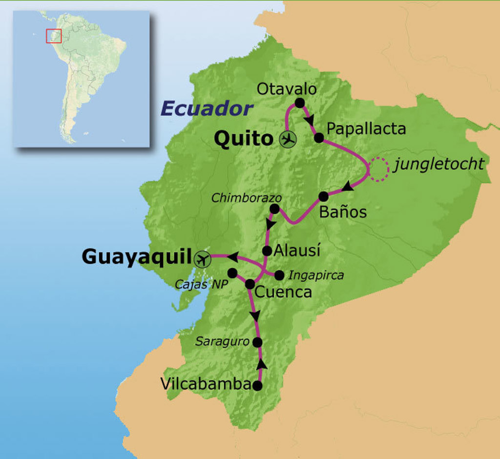 Routekaart Ecuador 21 dagen met reisroute langs Quito, Otavalo, Baños, Cuenca, Guayaquil en Vilcabamba.