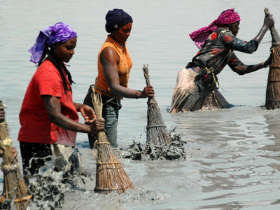 Vrouwen vissen in ondiep water met traditionele manden en netten.