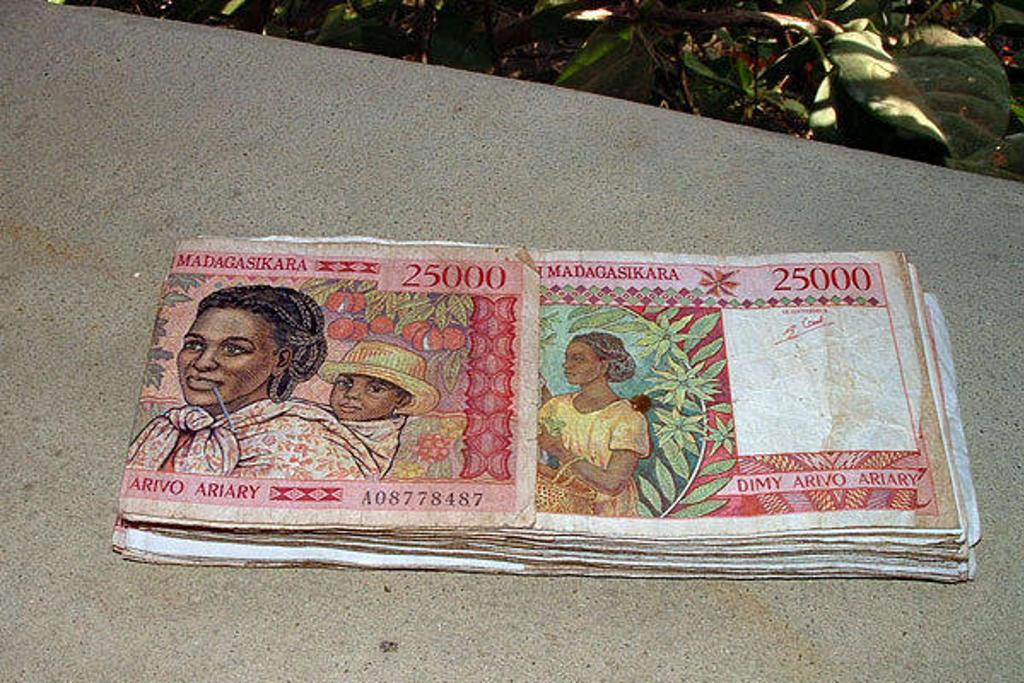 Malagassische bankbiljetten van 25.000 ariary, lokale valuta tijdens een familiereis naar Madagascar.