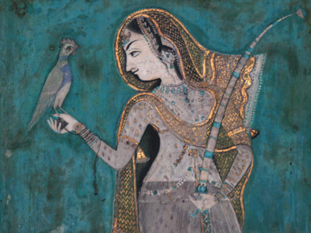 Traditionele Indiase miniatuur schildering van een vrouw met vogel, gezien tijdens de groepsrondreis Noord-India Compleet.