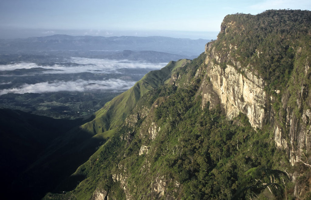 Uitzicht over de groene berghellingen en rotswanden van Sri Lanka tijdens een groepsrondreis.