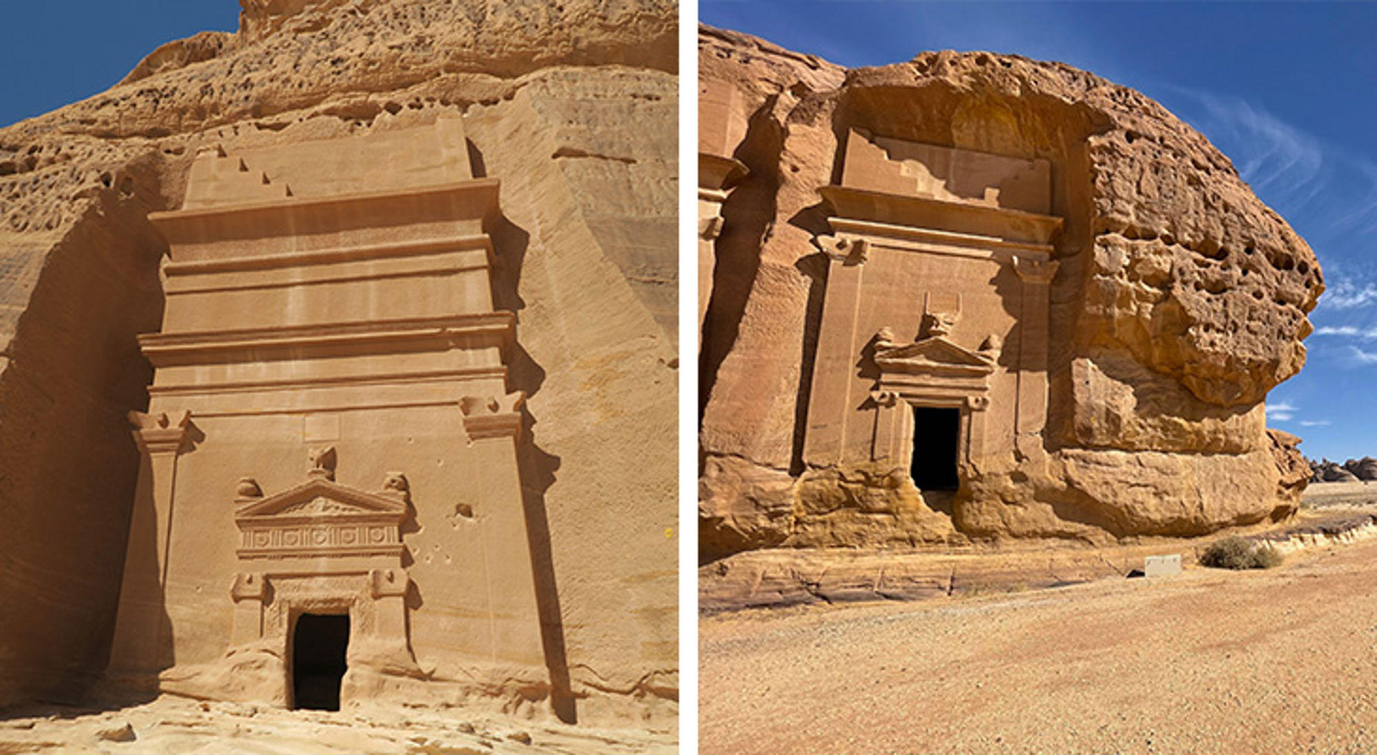 Uit rotsen gehouwen grafmonumenten in de woestijn van AlUla, Saoedi-Arabië.