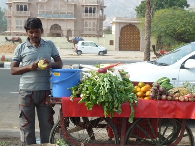 Straatverkoper met groente- en fruitkar in Rajasthan, met paleisachtige gevel op de achtergrond.