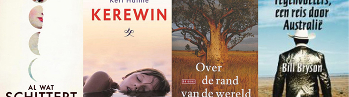 Boekentips over reizen in Oceanië met boekomslagen van Al wat schittert, Kerewin, Over de rand van de wereld en Tegenvoeters.