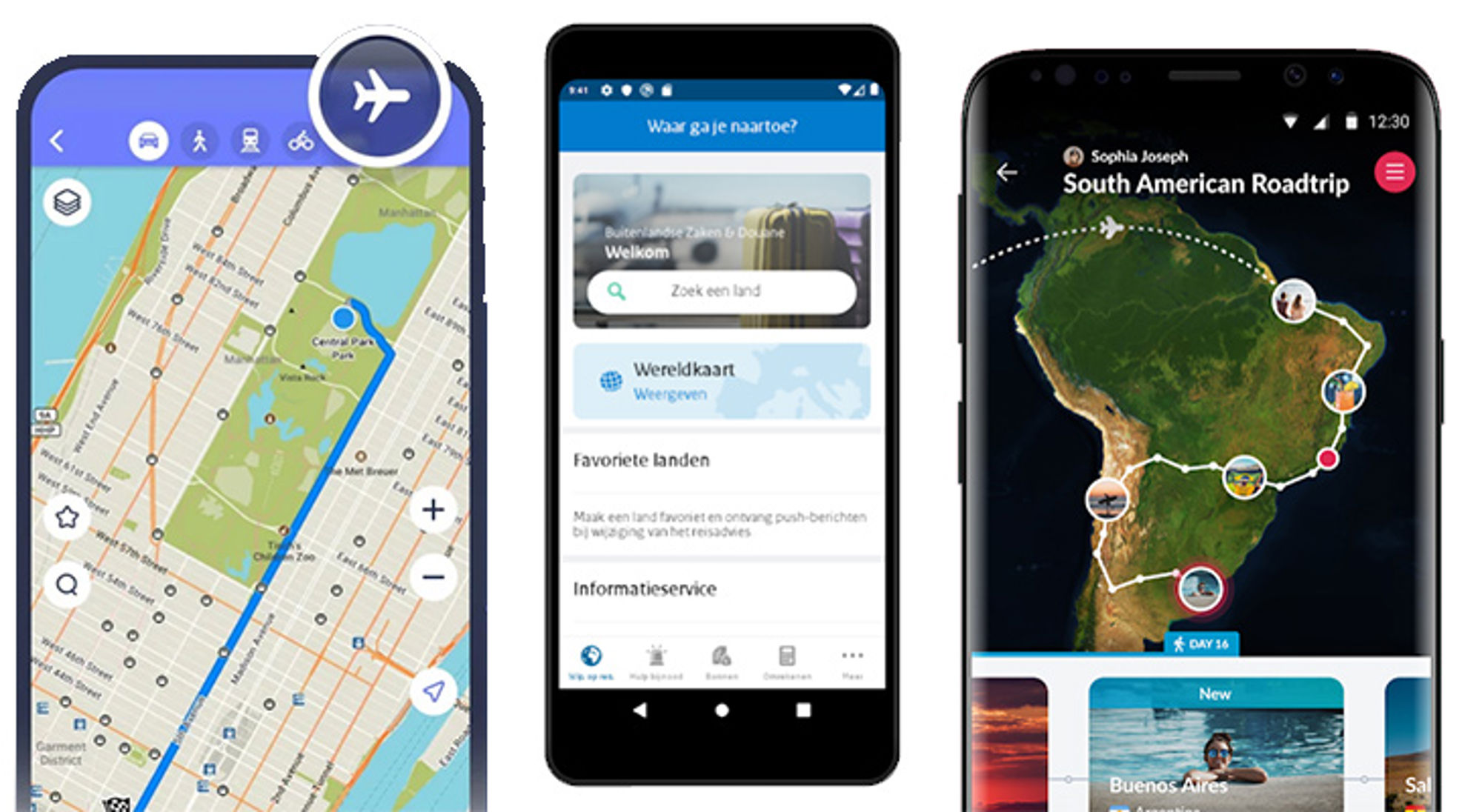 Apps Maps.me, MinBuZa, Polarsteps Reisapps op smartphones met routekaart, vluchticoon en roadtripplanning voor reizen en navigatie.