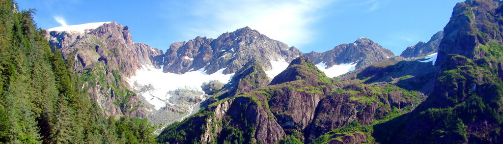 Berglandschap in Alaska met besneeuwde toppen, gletsjer en groene dennenbossen tijdens een groepsrondreis.