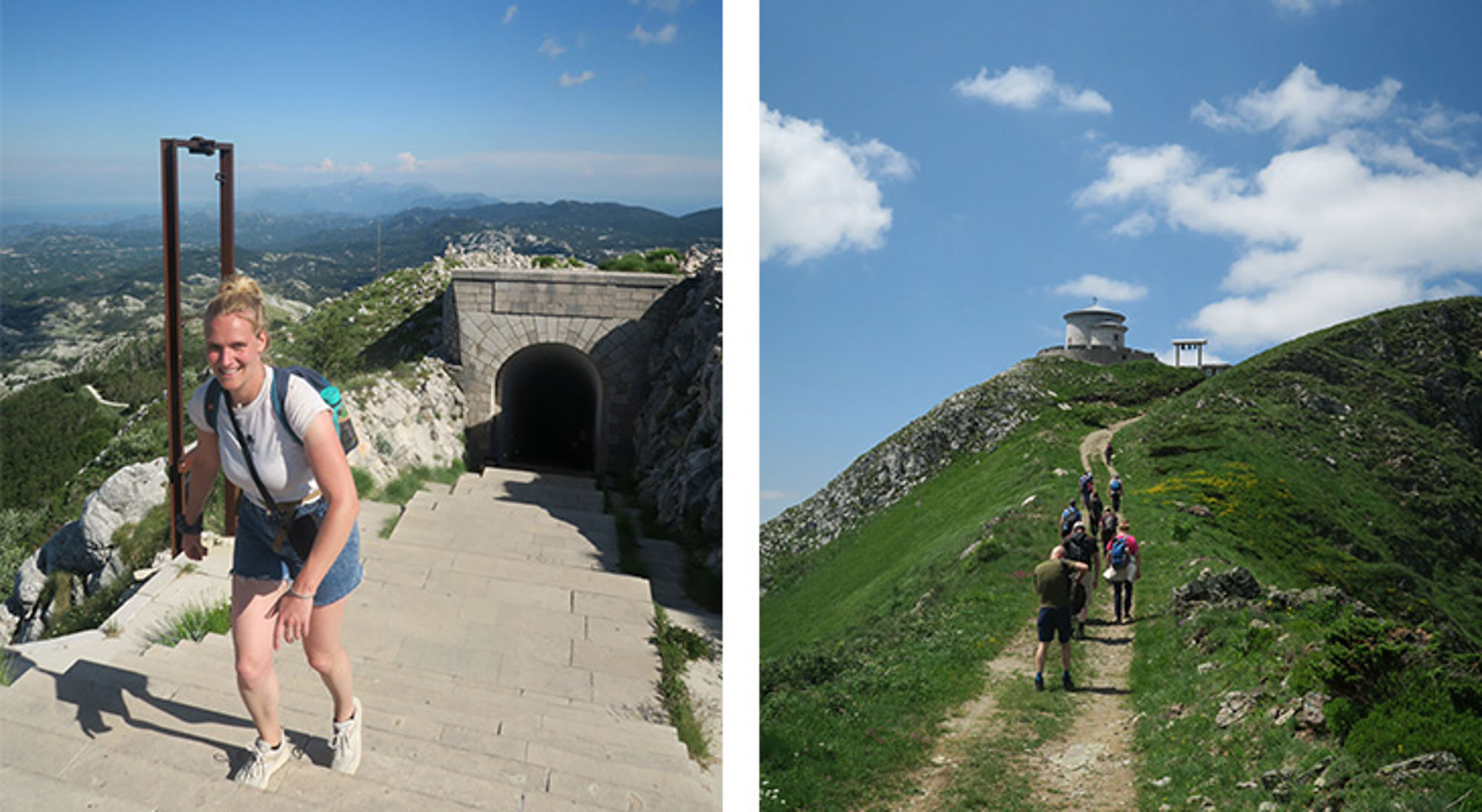 Ankie in Montenegro Wandelaars op een bergpad en trap bij een tunnel, met uitzicht over de bergen en een fort op de heuveltop.