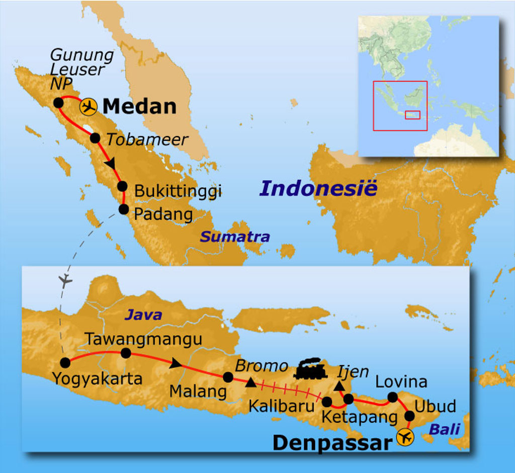 Routekaart Sumatra, Java en Bali met reisroute via Medan, Tobameer, Bukittinggi, Yogyakarta, Bromo, Ijen en Ubud.