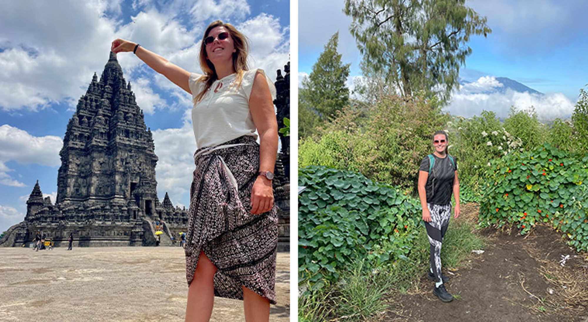 Reiziger poseert bij de Prambanan-tempel en wandelt door groen landschap met berg op de achtergrond.