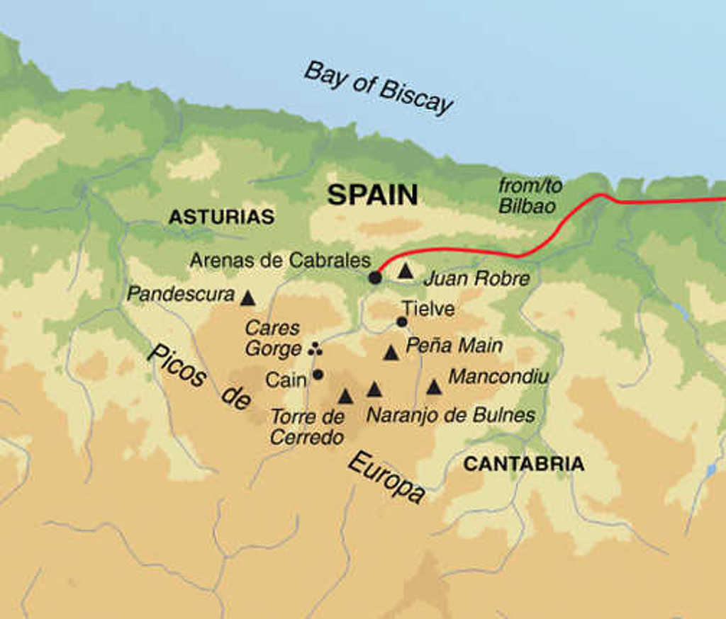 Routekaart Picos de Europa met wandelplaatsen als Arenas de Cabrales, Cares Gorge en Juan Robre, vanaf Bilbao.