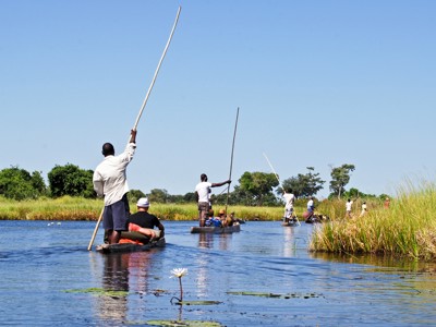Traditionele mokorotocht door de Okavango Delta, met gidsen die kano’s voortduwen tussen riet en waterlelies.